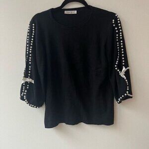 Beauty Womens Knitted Top Beaded Detail Ribbon 3/4 Sleeve Black Size Small